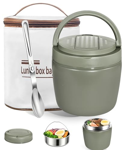 BAVATEE Lunchbox, isolerad 1,2 l, dubbelväggig rostfritt stål. Varm mattermos med sked. Vattentät isolerad matlåda för måltider eller soppor. Utomhus/kontorsanvändning (Grön)