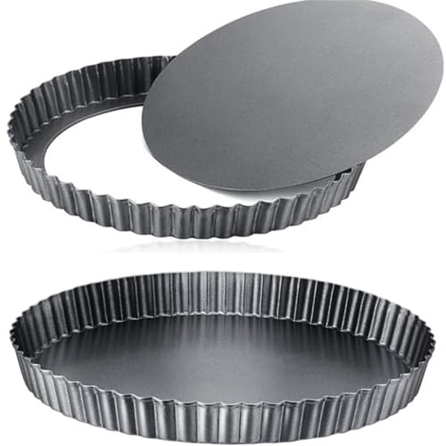 2 Stück Quicheform mit Hebeboden 28cm+28cm Tarteform mit Hebeboden Quiche Backformen Antihaft-Flanform mit losem Boden zum Backen, Quiches, geriffelte runde Kuchenform, Kohlenstoffstahl - Dunkelgrau