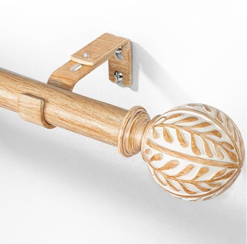 DEFYNEE Barra de Cortina Extensible 76-198 cm | Tubo de Metal Ø 25 mm con Acabado en Madera y Motivo de Hoja | Montaje en Pared o Techo | Para Salón y Dormitorio, Marrón