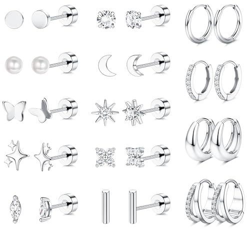Kakonia Ohrringe Gold Silber Hypoallergene Chirurgenstahl Medizinische Ohrstecker Flacher Verschluss Goldene Ohrringe Damen Set CZ Creolen Knorpel Piercing Ohr Wasserfest Conch Helix Tragus Piercings