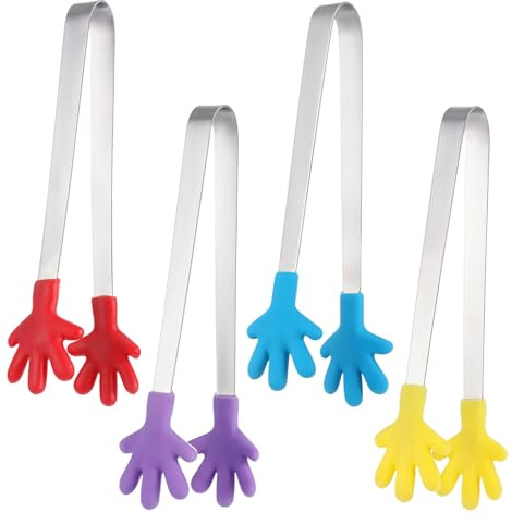 HJZHII 4 Stück Mini Zuckerzangen Set, Edelstahl Zuckerzange Kleine Silikonzangen mit Silikongriff Lebensmittelzange Servierzangen Küchenzange Süßigkeiten für Hochzeit Party Candy Bar Büfett Grill