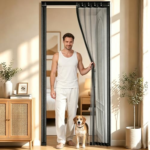 Aeovot Retractable Sliding Fly Screens for Doors - Magnetic Fly Screen Door Curtain No Drill - Fly Mosquito Insect Bug Nets for Doors with Durable Fiberglass Mesh, Full Frame Magic Tape