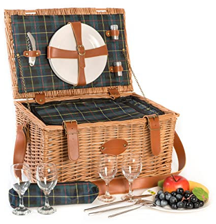 Les Jardins de la Comtesse - Picknickkorb Trianon Grün aus Weide - Lederriemen - Komplett Für 4 Personen - Kühlfach - Keramikteller und Weingläsern - Grün Stoff - 45 x 31 x 24 cm