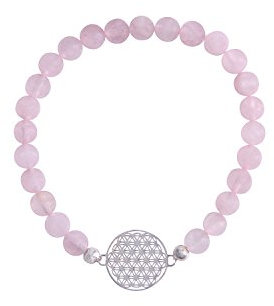 Bitto Strecharmband Rosenquarz Armband mit 925 Silber Plättchen Blume des Lebens Ø 15 mm