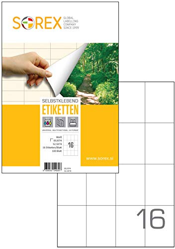 Sorex 52,5x74 mm Universal Etiketten Selbstklebend Weiß für alle Drucker, 100 Blatt DIN A4, Premium Aufkleber, Starke Klebekraft, Barcode, Adressetiketten, Live Geschnitten, 16 Etiketten/Blatt