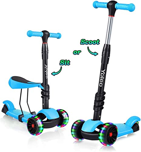 YOLEO Scooter für Kinder, 3-in-1, Scooter mit 3 blinkenden Rädern aus LED, Kids Scooter, mit ausziehbarem Sitz/Scooter für Kinder 2 bis 8 Jahre, maximale Belastung 50 kg, Geschenk für Kinder (blau)