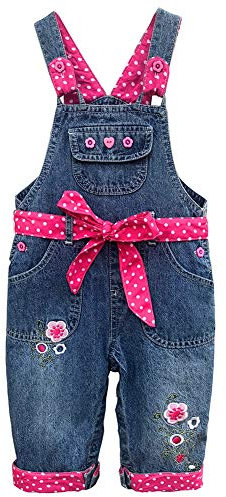 Peacolate 3M-3Jahre Säugling Baby Mädchen Denim Overall Bestickter Latzhose Jeanshose mit Rose Gürtel(12-18m, Rose)