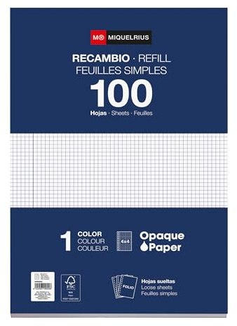 Miquelrius - Nachfüllblock 215 x 309 mm, 100 karierte Blätter 4x4 mm mit Rand, Opakpapier 90 g/m², gelochte Nachfüllblätter für Ringordner, Schulmaterial für den Schulanfang | Mit Rand, blickdichtes Papier 90 g/m², perforierte Blätter für Ringbücher, Schulmaterial für den Schulbeginn