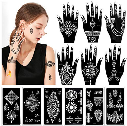 Konsait 12 Blatt Schwarz Tattoo Schablonen für Frauen Mädchen Hände Körper Körperbemalung Mehandi Glitzer Airbrush Temporary Tattoo Schablonen