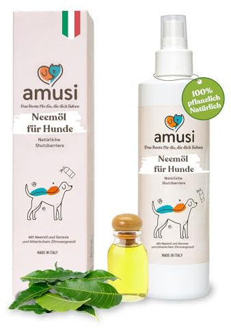 amusi Huile de Neem pour Chiens - 250 ML - Spray Répulsif - Protection 100% Naturelle - Spray Contre Les tiques, Mouches, Acariens, Poux - Répulsif pour Chiens