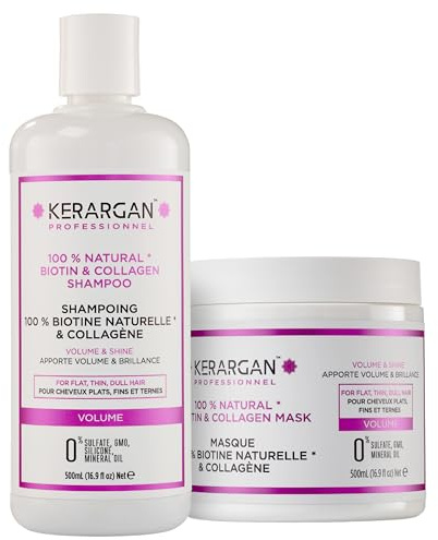 Kerargan - Duo Volumisant Shampoing & Masque Capillaire à la Biotine & Collagène pour Cheveux Plats, Fins et Ternes - Booste Éclat & Densité - Sans Sulfate, OGM, Silicone, Huile Minérale - 2x500ml | Shampoing et masque, nettoient puis nourrissent intensément les cheveux fins ou ternes