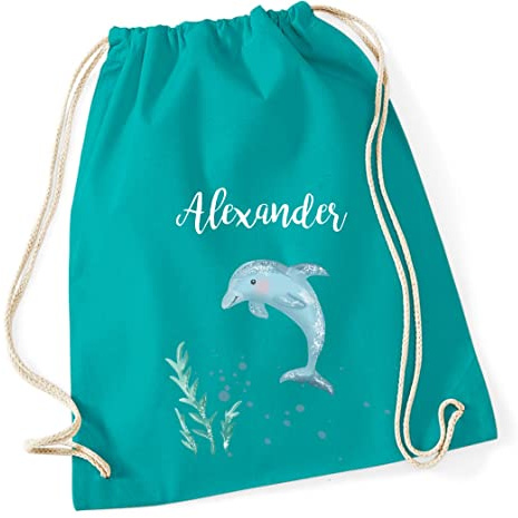 Personalisierter Turnbeutel für Kinder mit Delfin und Name | Stoffbeutel mit Kordel zum Zuziehen | Geschenk-Idee Schulstart Geburtstag