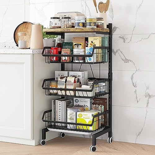 UMDONX Vegetable Storage Rack Kitchen Trolley on Wheels, 4 Tier Rolling Cart Veg Fruits Organiser, Durable Metal Black Frame Height 10 cm