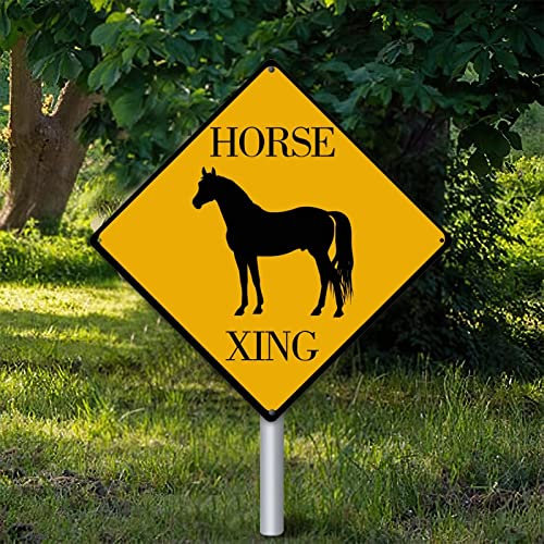 Horse Xing Warnschild Pferd Dekor Noveltly Road Blechschild Vorsicht Gefahr Tier Kreuzung Straßenschild Vintage Wanddekoration für den Innen- und Außenbereich 25,4 x 25,4 cm