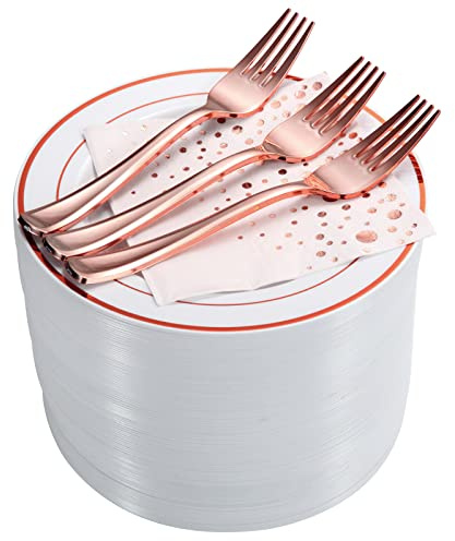 Stylish Rose Gold Dessert Plates, Forks and Cocktail Napkins (100 Set), 7.5 Inch Appetizer Plates or Salad Plates, Wedding Cake Plates, Disposable Plates for Wedding with Rose Gold Napkins