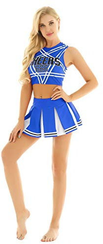 YOOJIA Damen Cheerleading Kostüm Sport Outfits Schulmädchen Uniform Karneval Cosplay Anzug Bauchfrei Crop Top Mini Faltenrock Festival Tanzkleidung A Blau XXL