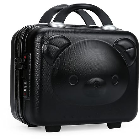 LANMOU Makeup Travel Case, 14 Inch Hard Shell Vanity Cases Portable Cartoon Cosmetic Case with Elastic Band and Soft Handle Mini ABS Carrying Suitcase Waterproof Lockable (Black)