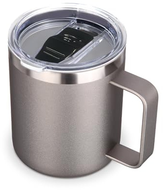 Volhoply Termo para Café de Acero Inoxidable 400ml con Asa, Taza para Café Doble Pared de Aislamiento al Vacío, Termos a Prueba de Fugas para Oficina, Camping y Viajes(Gris Frío, 1)
