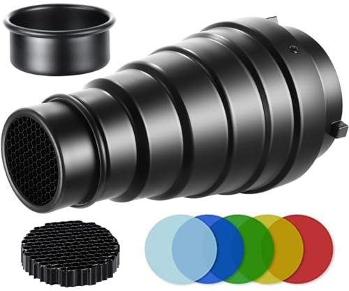 Camnoon Snoot conique en métal avec grille nid d'abeille 5pcs Kit de filtre couleur pour Bowens Mount Studio stroboscope Monolight Photographie Flash