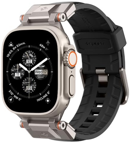 Spigen Dura Pro Armor armband designat för Apple Watch Ultra 3/2/1 49mm, Series 11/10 46mm, Series 9/8/7/SE 45mm, 44mm Robust TPU- och nylonarmband med metallkontakt - PU Svart