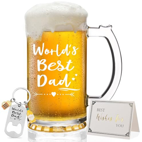 Joymaking Beer Glass Gift for World's Best Dad - Beer Mug, Tankard 15oz for Birthday, Father's Day - Presents for Dad