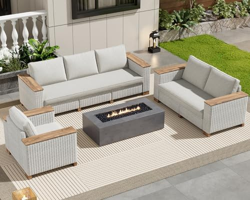 PaPaJet 6-Piece Patio Furniture Set, Wicker Patio Conversation Set with Solid Wood Armrests &Thick Legs, UV-Resistant Outdoor Sectional Sofa for Backyard, Porch, Garden(88+63+37)