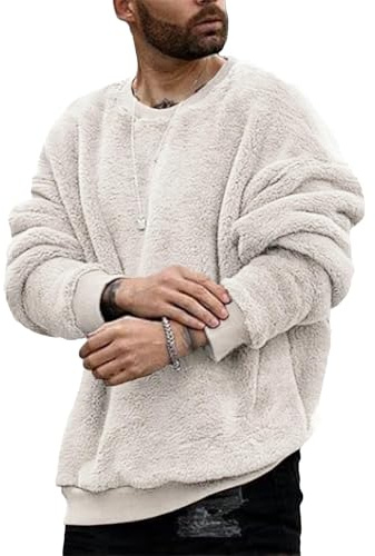Runcati Teddy fleecetröja för män rund hals luddiga toppar sweatshirt lätt och vindtät vintertröja, Benvit, L