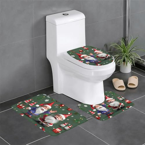 TietYaer 3-teiliges Badezimmerteppich-Set mit weihnachtlichem Zwergdruck, konturierter WC-Vorleger, Badematte und WC-Deckelbezug, weich, Haushaltswaren