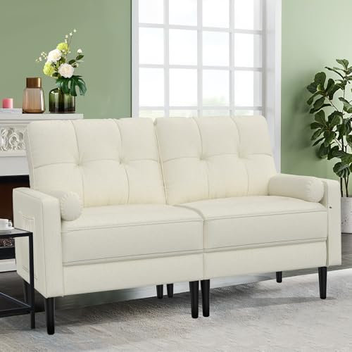 Aotumm Ciort Sofá 2 Plazas Con Almohadas, Cómodo Cojín de Asiento, Moderno de Mediados de Siglo, Pequeño para Sala de Estar/Apartamento/Dormitorio, de Lino (Beige)