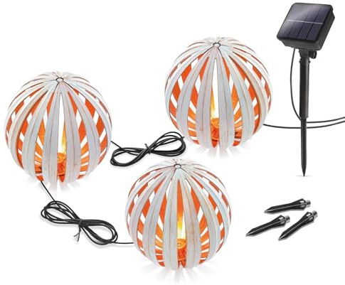 Esotec Solar Dekokugeln Korsika, 3er Set, altweiß, D=15cm, 2 Meter Solarkugel Lichterkette, Akku, Solarmodul, Erdspieß, Bodenleuchte, Kugelleuchte, Kunststoff, Outdoor, außen, wetterfest, 103026