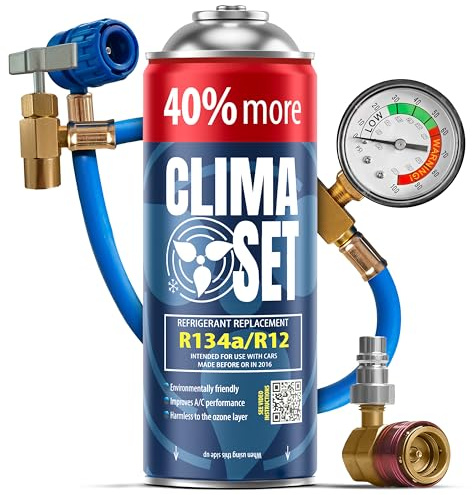 ClimaSet Recambio gas R134a R12 con manguera y adaptador - manometro – Kit recarga aire acondicionado coche 1x235 g - Sustituto del refrigerante - Gas aire acondicionado coche - ECO