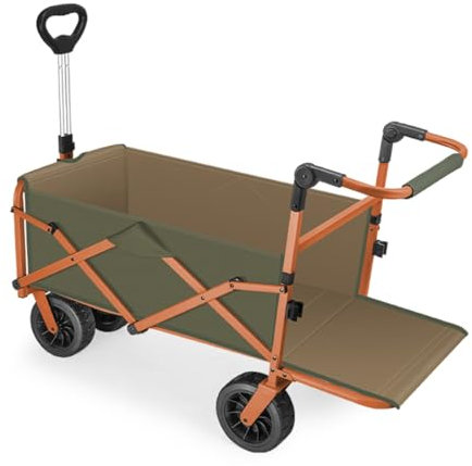 Bollerwagen Faltbar Strand Mit Extra Push-Pull-Griff, Gartenwagen Mit Kippfunktion Handwagen Klappbar Mit Großen Rädern Transportkarre Faltbar Für Garten, Camping, Einkaufen(/Orange)