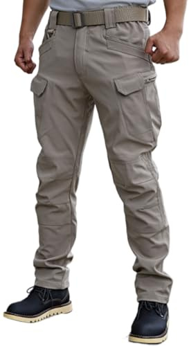 WINKEEY Pantalones de Combate para Hombres Pantalón Outdoor para Hombre Cortaviento Impermeable Casual y Cálido Pantalones de Multibolsillos Trabajo para Hombres,Caqui L