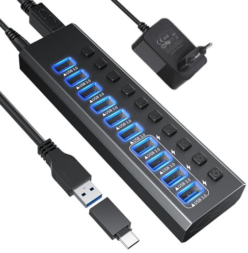 Hub USB 3.0 en aluminium 10 ports USB 3.0 avec adaptateur d'alimentation 12 V/4 A (48 W) et interrupteurs marche/arrêt individuels et LED