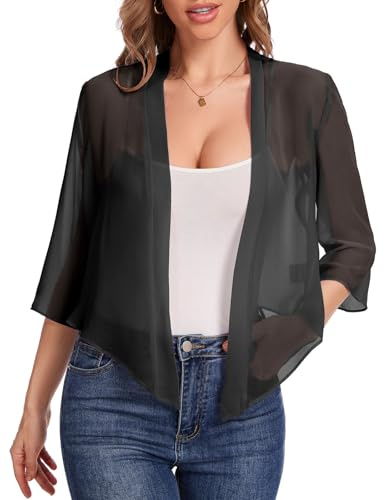 Bbonlinedress Bolero Mujer Verano Gasa Chaqueta Manga Larga Fiesta Elegante Corta Tops Casual Ligero Cuello en V con Parte Delantera Abierta Black 2XL