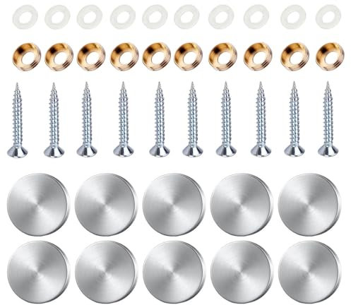 10 Sets Mirror Screws, 16mm Stainless Steel Mirror Screws with chrome caps, Brushed Mirror Nails for Mirrors, Furniture Fitting