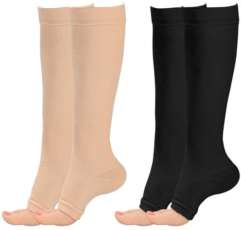 2 Pairs Compression Socks for Women & Men,Flight Socks Compression Stockings Knee High Pressure Support Flight Stockings for Maternity Pregnancy Nurses Flying Varicose Veins (Toeless-Nude+Black, L/XL)