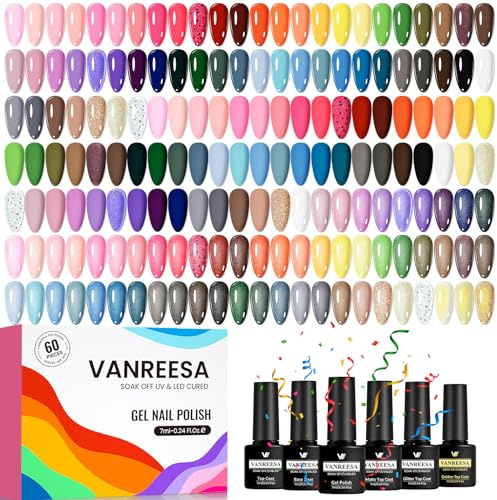 VANREESA U V Nagellack, 55 Farben U V Nagellack Set Rosa Orange Grün Violett Blau 60 PCS Gel Nägel Set mit Unterlack und Glänzender Matte Glitzernder Goldener Überlack Geschenk für Frauen