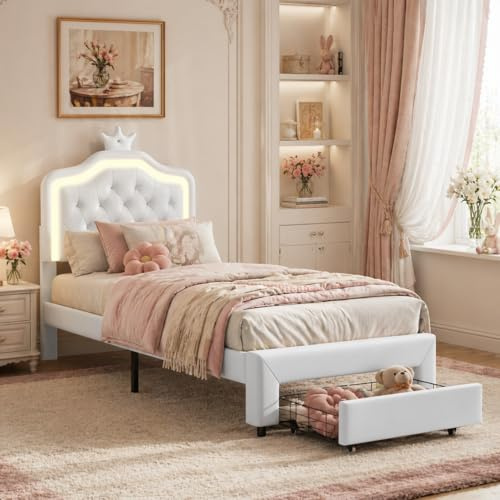 JiaOyu Polsterbett 90x200 cm mit Lichtern & Schubladen, Luxuriöses LED Einzelbett gepolstertes Bett Kinderbett Mädchenbett in Kronenform, ideal für Erwachsene und Jugendliche, Ohne Matratze