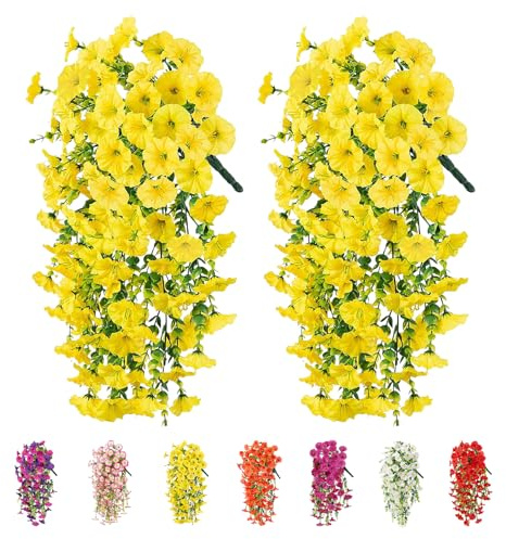 2Pcs Artificial Hanging Flowers Outdoor, Fake Trailing Plants Morning Glory Decoration UV-Resistant for Hanging Baskets - Spring Decor Garden Porch Wedding , Drooping Design for Pots & Patio (Yellow)