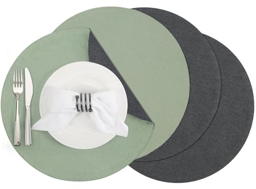 Banchif Tischsets abwaschbar doppelseitig Platzset Platzdecken abwaschbar | Platzsets abwaschbar Rund 4er Set doppelseitige Tischsets Leinenimitat maschinenwaschbar Platzdecken (Grau Salbeigrün)