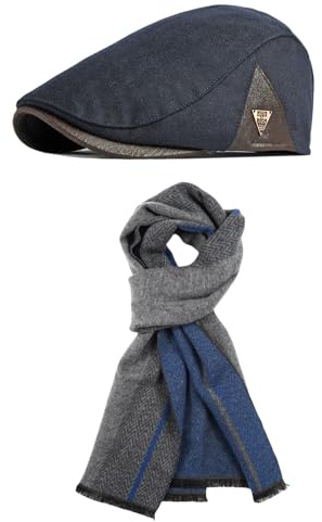CRFASIBE Herren Winter Schiebermütze Schal Set, Karierte Baskenmütze Newsboy Flat Cap, Warme Weicher Quastenschal Wendeschal, Klassische Modische Winteraccessoires als Geschenkset für Herren