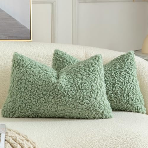 Yaertun 2er Set Kissenbezug Teddywolle Faux Pelz Dekorative Kissenbezüge Plüsch Bouclé Sofakissen Couchkissen Dekokissen Zierkissenbezug Deko Kissenhülle Schlafzimmer Wohnzimmer 30x50 cm Salbeigrün