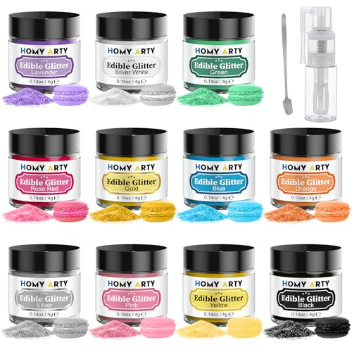 HOMY ARTY Essbares Glitzer Spray Set - 11 Farben Geschmacklos Essbare | Glitzerpulver für Getränke, Lebensmittelfarbe Pulver, Essbarer Glitzer für Torte, Cocktails, Glitzerspray Essbar - 4g
