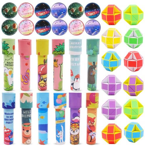 Kindergeburtstag Mitgebsel Gastgeschenke 36 Stück,12 Klassisches Kaleidoskope Kinder 12 Flummi Planeten Spielzeug,12 Blöcke Puzzle Magische Schlangen Würfel für Jungen Mädchen Giveaways Partygeschenke
