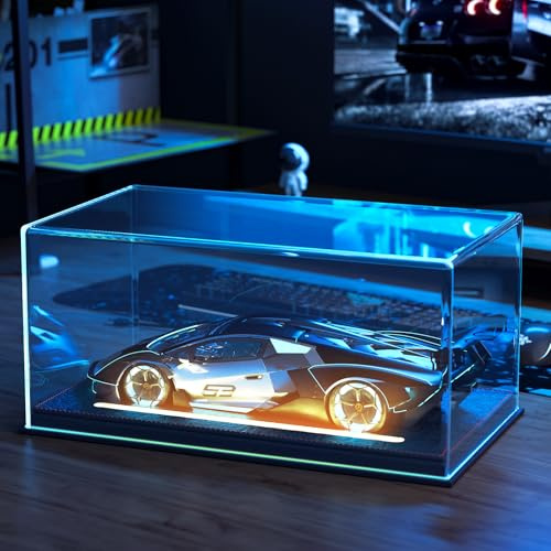 Lighted Display Case for 1/18 Scale Model Cars , No Assemble Show Case with Lights and Leather Base, Clear Acrylic Display Box for Cars Baseball Tennis Dust Proof UV Protection(13x7x6inch)