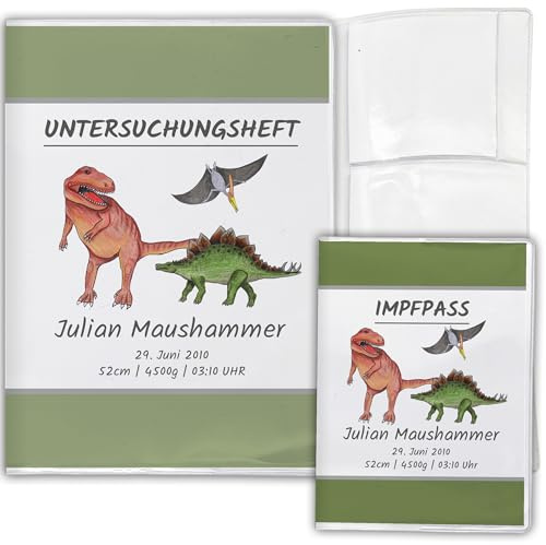 Personalisierte U-Heft Hülle & Impfpasshülle Set, 3-Teilig, Dino | Mit Name & Geburtsdaten, Geschenk zur Geburt