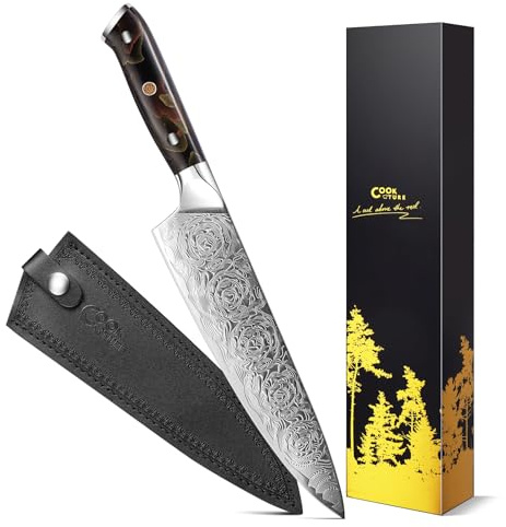 Professional Japanese Damascus Chef Knife 8 Inch - VG-10 High Carbon Steel, Ergonomic Resin Handle with Leather Sheath & Luxury Gift Box