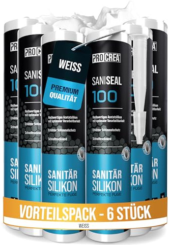 PROCREA® 6x Premium Silikon Saniseal 100 (brilliantweiß) [Schimmelresistent] Hochwertiges Sanitärsilikon zum abdichten für Fugen in Bad, Dusche & Küche uvm. - Silicon weiß - Profi-Qualität