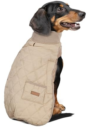 YPDOPORA Langer Dackel-Wintermantel Für Hunde, wasserdichte Dackeljacke, Wasserdichter Dackelmantel, Winterjacke Für Haustiere Mit Leinenloch Und Tasche Für Draußen,Beige,S